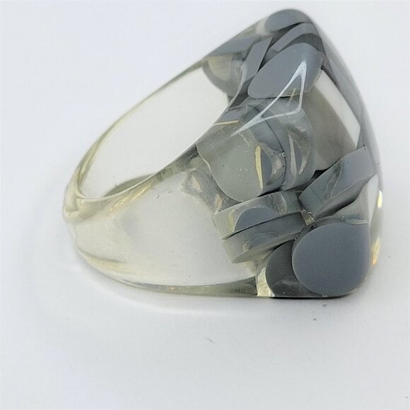 Chunky Square Resin Lucite Ring With Grey And White Pill Beads See Through Ring - Picture 11 of 11